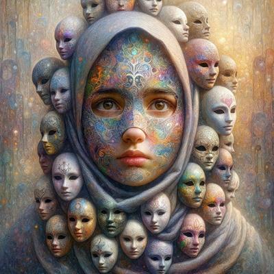 The primary subject of the image is a woman with a colorful headpiece, surrounded by a large number of faces. The setting appears to be a creative and artistic environment, possibly a painting or digital artwork. The visual style is a combination of photo and digital art, with the woman's face being the focal point of the image. The colors and mood of the image are vibrant and lively, with the woman's headpiece and the faces surrounding her adding a sense of whimsy and